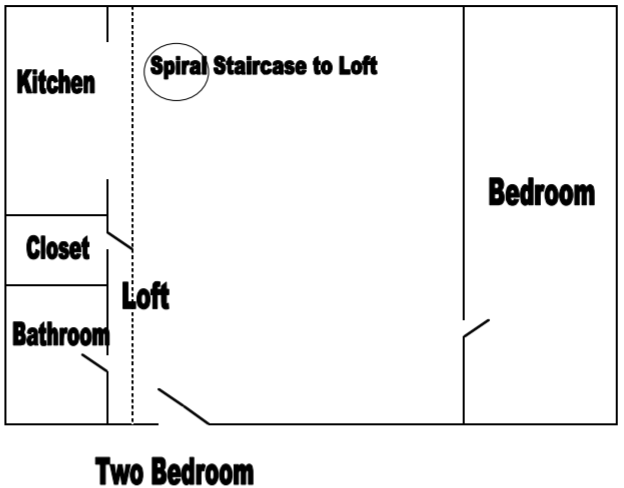 Floor plan for 2 beds, 1 bath, 1300 sqft